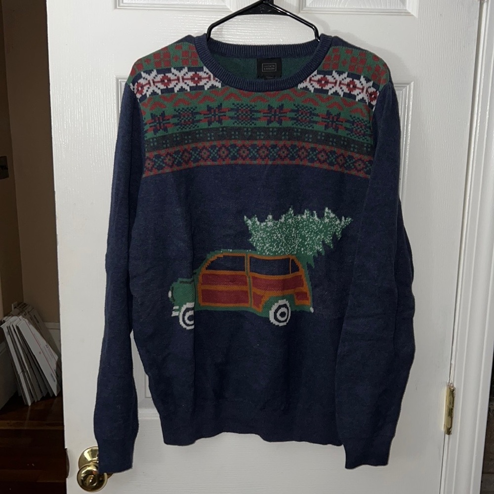 14th & Union Navy Christmas Car & Tree Print Sweater Size Large